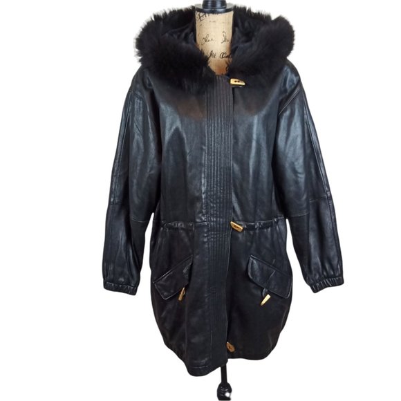 JLC Black Leather & Fox Fur Trim Zip Front Parka Jacket